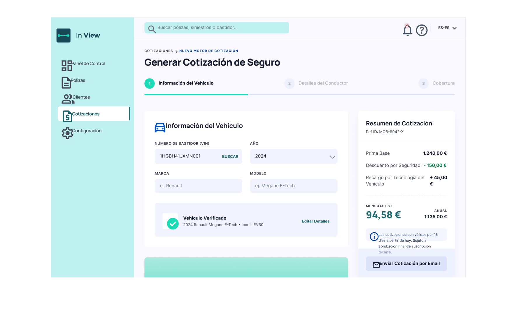 Pantalla de generacion de cotizacion de seguro en la plataforma Insurea